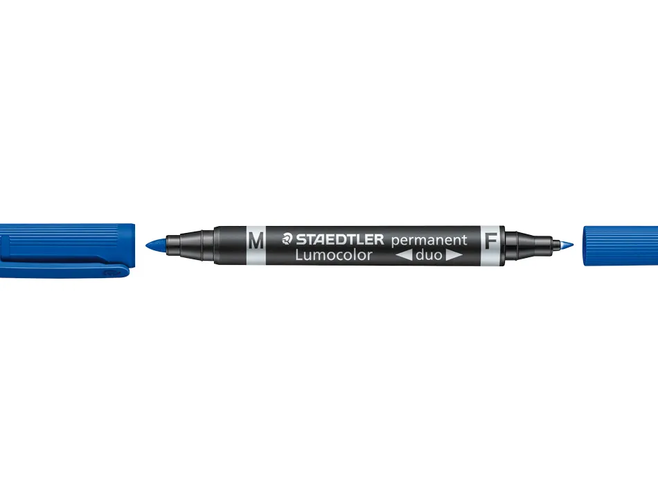 Marqueur staedtler permanent lumocolor duo multi-usages double pointe 0.6 et 1.5mm encre dry safe bleu