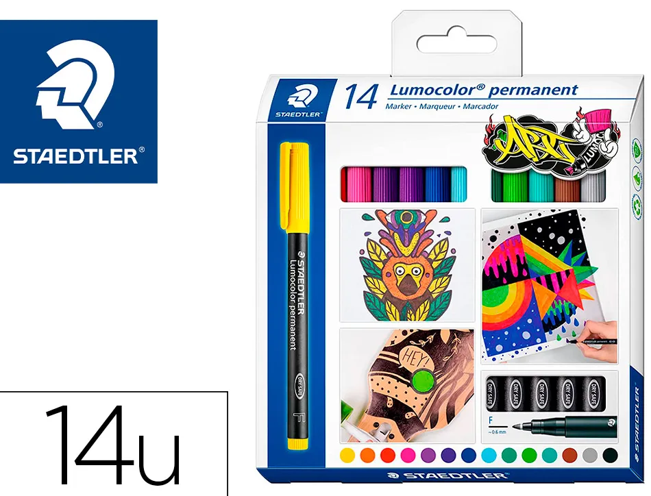 Marqueur staedtler permanent dry safe lumocolor 318 pointe fine 0,6mm coloris assrotis etui de 14 feutres