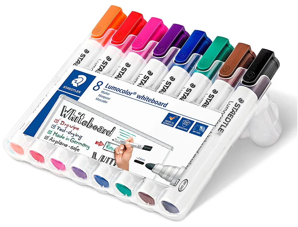 Marqueur staedtler permanent dry safe lumocolor whiteboard 351 pointe ogive 2mm assortis etui de 8