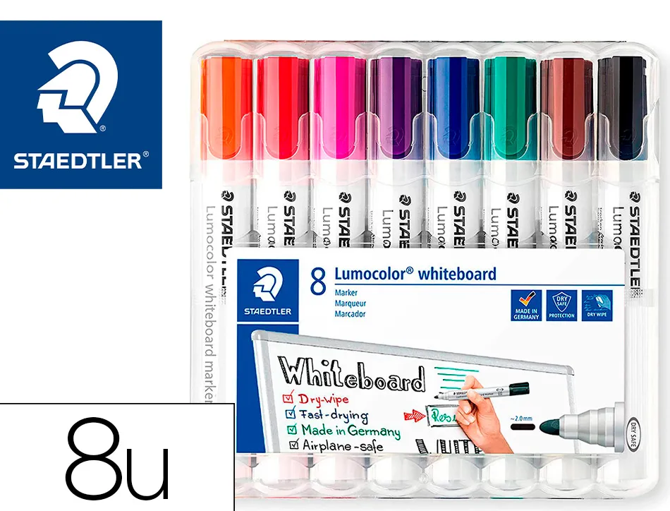 Marqueur staedtler permanent dry safe lumocolor whiteboard 351 pointe ogive 2mm assortis etui de 8