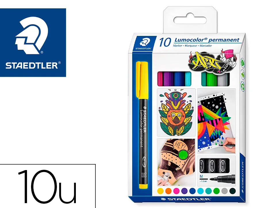 Marqueur staedtler permanent dry safe lumocolor 317 pointe moyenne 1mm coloris assrotis etui de 10 feutres