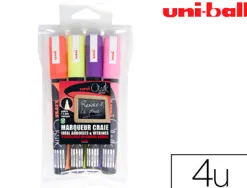 Marqueur uniball craie chalk pointe fine 1.8/2.5mm craie liquide couleurs lumineuses pochette 4 unites