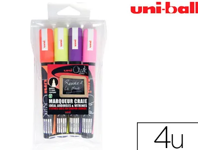 Marqueur uniball craie chalk pointe fine 1.8/2.5mm craie liquide couleurs lumineuses pochette 4 unites