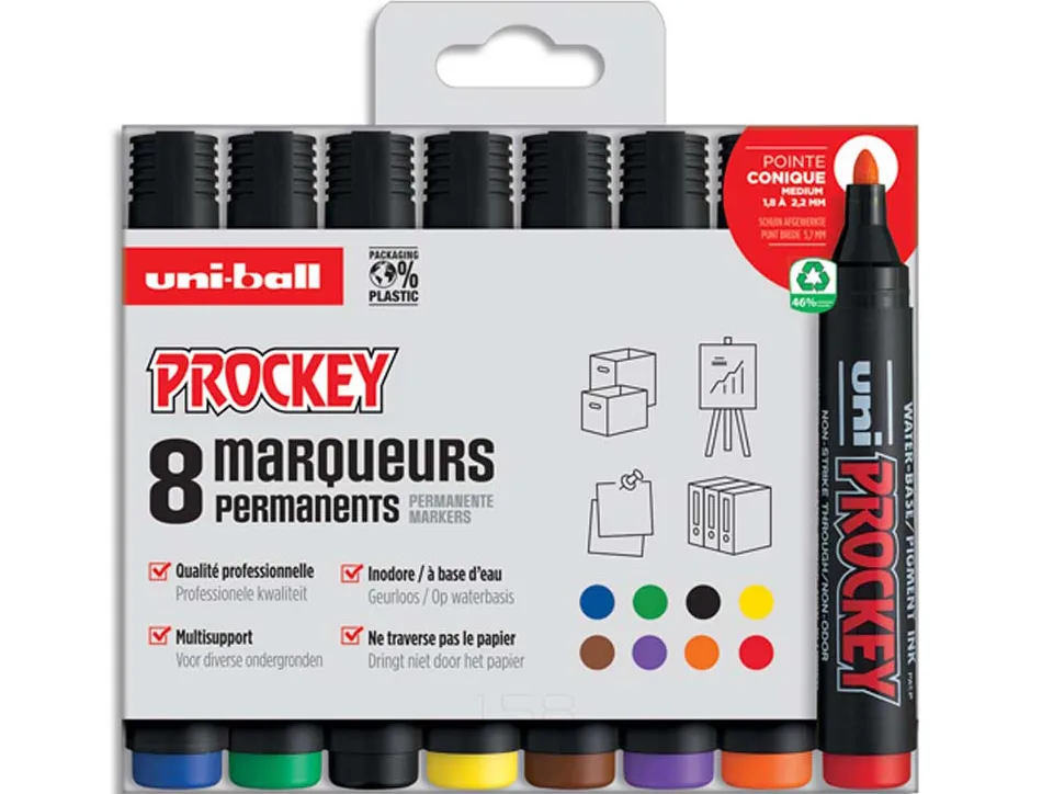 Marqueur uniball uni prockey permanent pointe ogive tracé 1.8mm encre sans alcool corps plastique pochette 8 unités