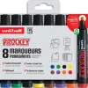 Marqueur uniball uni prockey permanent pointe biseautée tracé 2/5mm encre sans alcool corps plastique pochette 8 unités