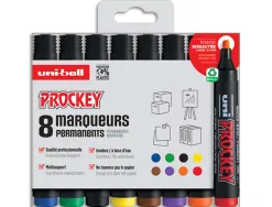 Marqueur uniball uni prockey permanent pointe biseautée tracé 2/5mm encre sans alcool corps plastique pochette 8 unités