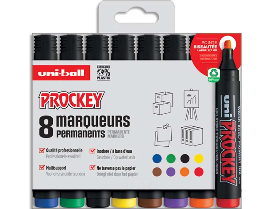 Marqueur uniball uni prockey permanent pointe biseautée tracé 2/5mm encre sans alcool corps plastique pochette 8 unités