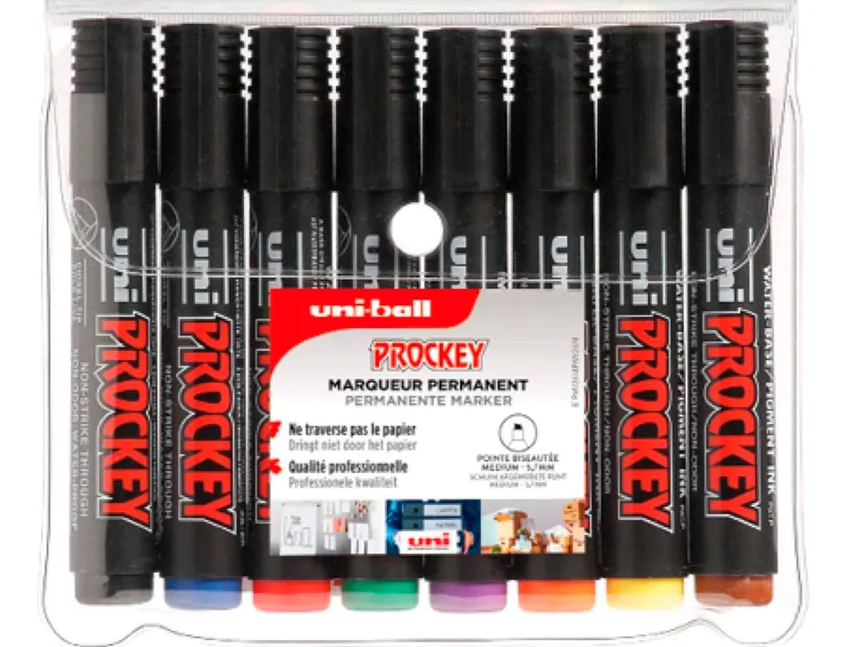 Marqueur uniball uni prockey permanent pointe biseautée tracé 2/5mm encre sans alcool corps plastique pochette 8 unités