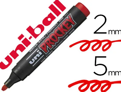 Marqueur uniball uni prockey permanent pointe biseautée tracé 2/5mm encre sans alcool corps plastique coloris rouge