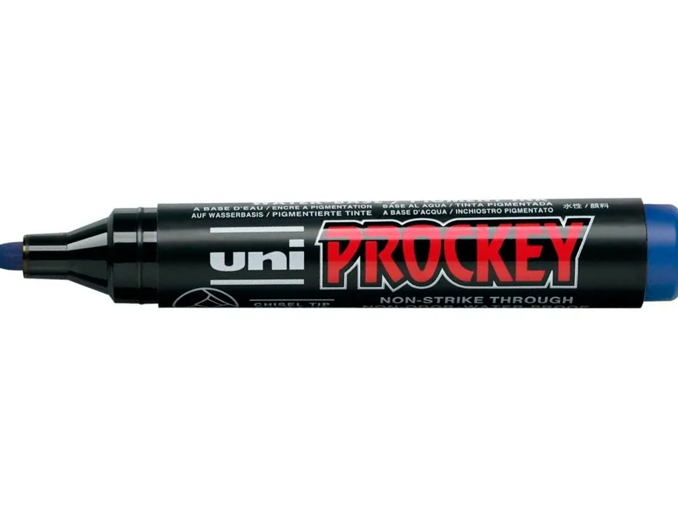 Marqueur uniball uni prockey permanent pointe ogive tracé 1.8mm encre sans alcool corps plastique coloris bleu