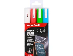 Marqueurs uniball chalk craie pointe conique moyenne blanc - vert fluo - rouge - bleu clair pochette de 4 unites