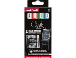 Marqueurs uniball chalk craie pointe conique moyenne blanc - vert fluo - rouge - bleu clair pochette de 4 unites