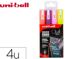 Marqueurs uniball chalk craie pointe conique moyenne jaune fluo - orange fluo - rose fluo - violet pochette de 4