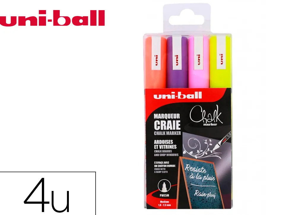 Marqueurs uniball chalk craie pointe conique moyenne jaune fluo - orange fluo - rose fluo - violet pochette de 4