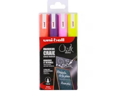 Marqueurs uniball chalk craie pointe conique moyenne jaune fluo - orange fluo - rose fluo - violet pochette de 4