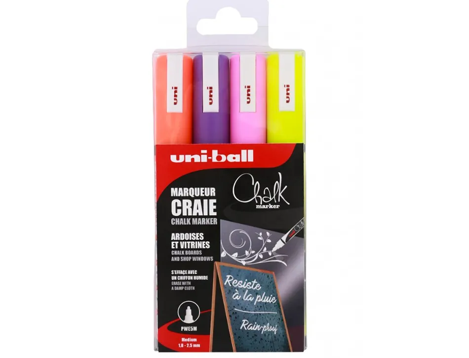 Marqueurs uniball chalk craie pointe conique moyenne jaune fluo - orange fluo - rose fluo - violet pochette de 4
