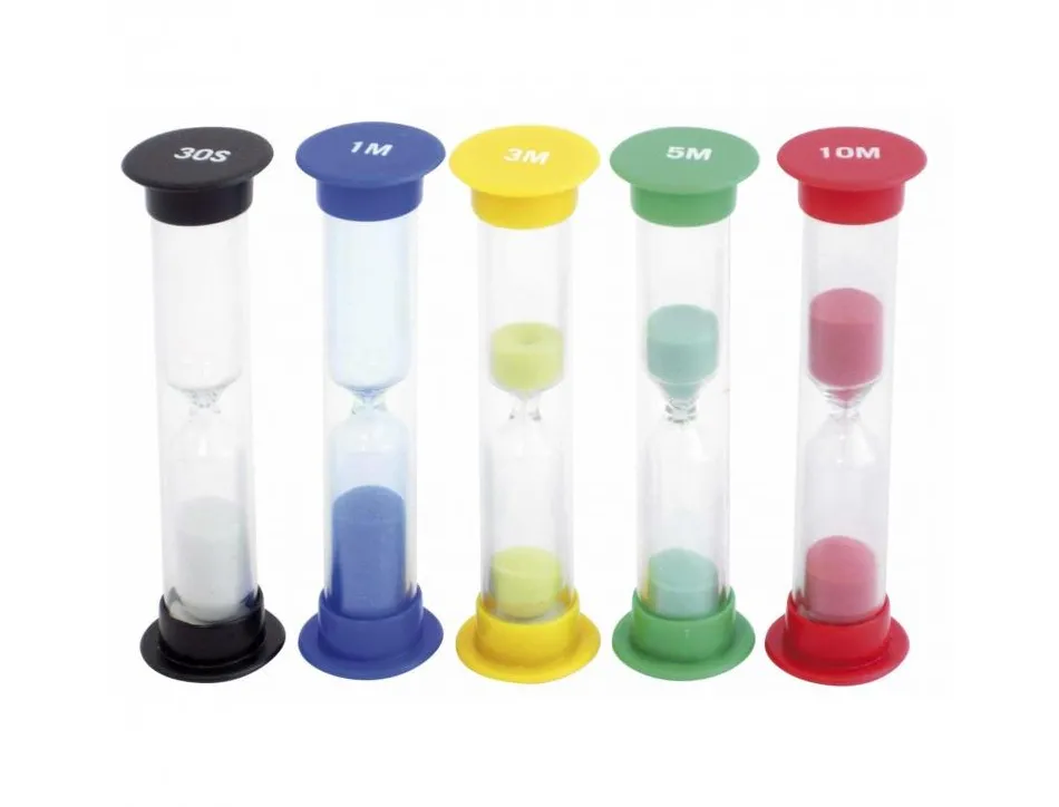 Mesure du temps eduplay sabliers couleur de sable et duree diffrente lot de 5 coloris assortis