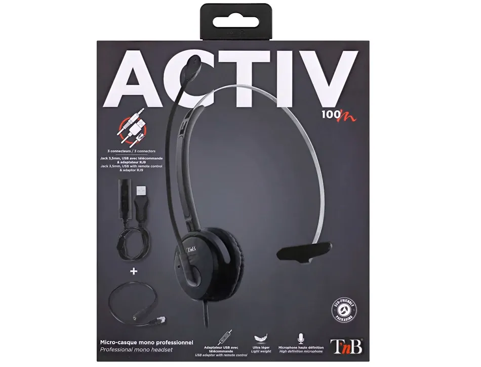 Micro-casque tnb activ 100m micro filair jack 3.5mm mono oreillette, telecommande usb et adaptateur usb-c