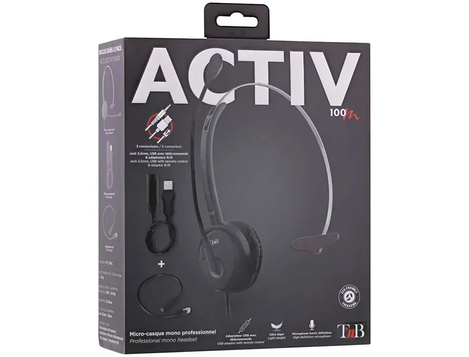 Micro-casque tnb activ 100m micro filair jack 3.5mm mono oreillette, telecommande usb et adaptateur usb-c