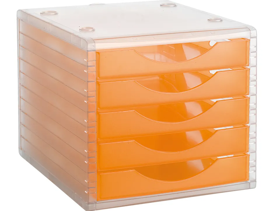 Module classement q-connect 5 tiroirs ouverts base 340x270x260mm butée sécurité coloris orange translucide