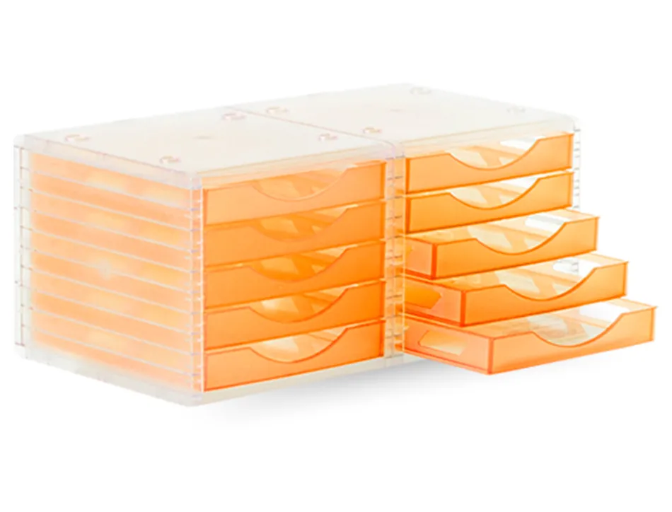 Module classement q-connect 5 tiroirs ouverts base 340x270x260mm butée sécurité coloris orange translucide