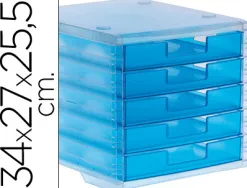 Module classement q-connect 5 tiroirs ouverts base 340x270x260mm butée sécurité coloris bleu translucide