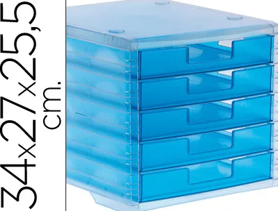 Module classement q-connect 5 tiroirs ouverts base 340x270x260mm butée sécurité coloris bleu translucide