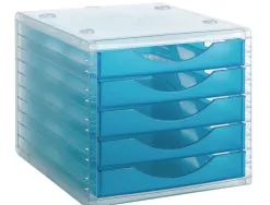 Module classement q-connect 5 tiroirs ouverts base 340x270x260mm butée sécurité coloris bleu translucide