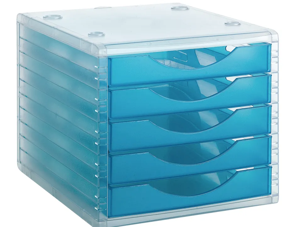Module classement q-connect 5 tiroirs ouverts base 340x270x260mm butée sécurité coloris bleu translucide