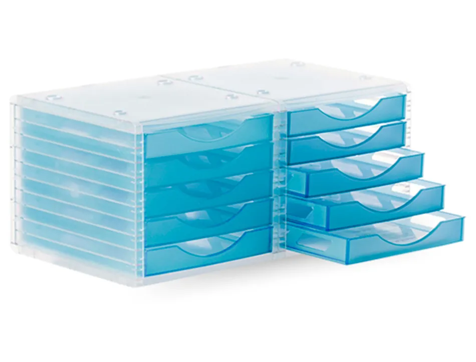 Module classement q-connect 5 tiroirs ouverts base 340x270x260mm butée sécurité coloris bleu translucide