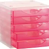 Module classement q-connect 5 tiroirs ouverts base 340x270x260mm butée sécurité coloris rose translucide