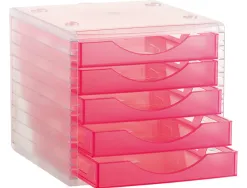 Module classement q-connect 5 tiroirs ouverts base 340x270x260mm butée sécurité coloris rose translucide