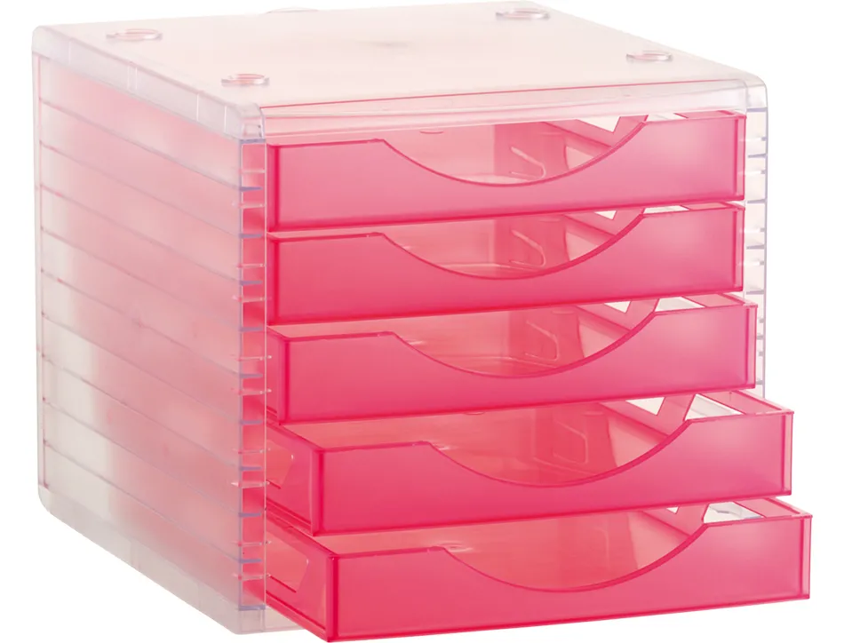 Module classement q-connect 5 tiroirs ouverts base 340x270x260mm butée sécurité coloris rose translucide