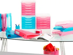 Module classement q-connect 5 tiroirs ouverts base 340x270x260mm butée sécurité coloris rose translucide