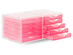 Module classement q-connect 5 tiroirs ouverts base 340x270x260mm butée sécurité coloris rose translucide