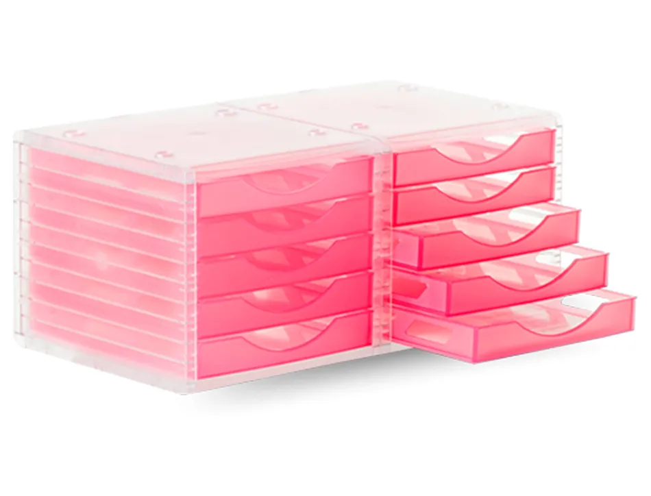 Module classement q-connect 5 tiroirs ouverts base 340x270x260mm butée sécurité coloris rose translucide