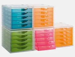 Module classement q-connect 5 tiroirs ouverts base 340x270x260mm butée sécurité coloris rose translucide
