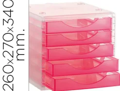 Module classement q-connect 5 tiroirs ouverts base 340x270x260mm butée sécurité coloris rose translucide
