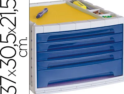 Module classement q-connect 5 tiroirs 370x305x225mm coloris bleu transparent
