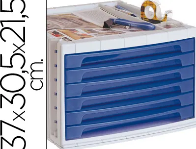 Module classement q-connect 6 tiroirs 370x305x215mm coloris bleu transparent