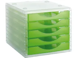 Module classement q-connect 5 tiroirs ouverts base 340x270x260mm butée sécurité coloris vert translucide