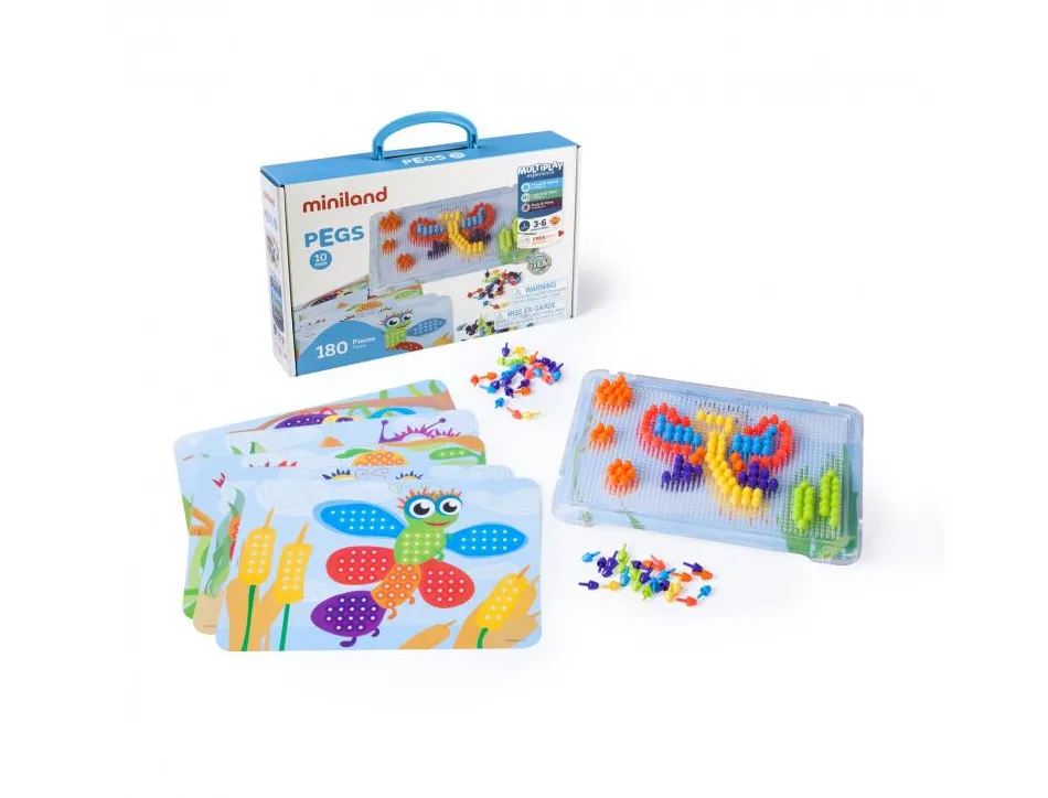 Mosaiques pegs miniland 3 tailles de pions diametre 10mm 180 pieces coloris assortis 6 fiches modeles