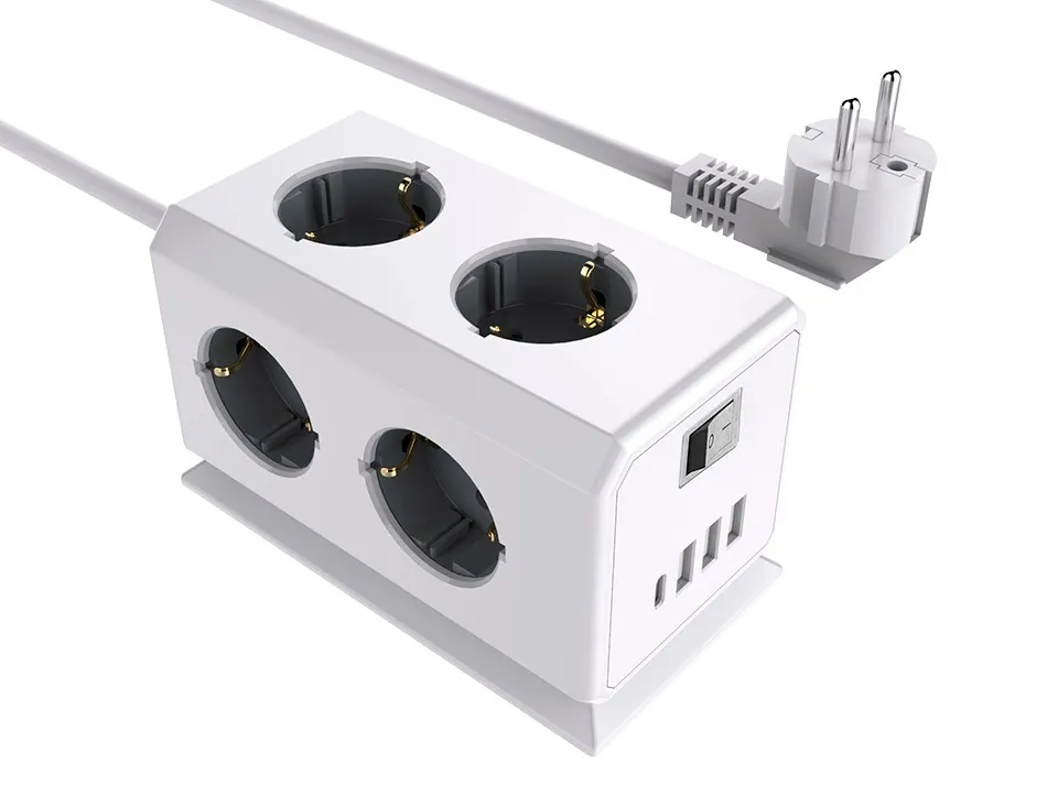 Multiprise q-connect 10 en 1 cable 1,4m 6 prises courant 3 ports usb 1 port usb-c 140x76x87 mm