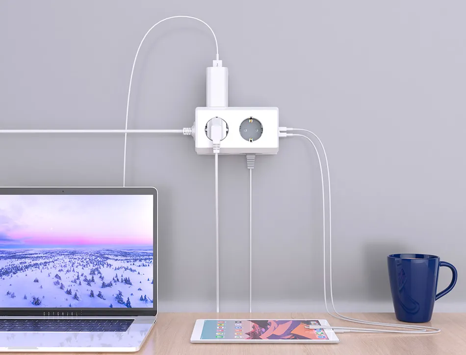 Multiprise q-connect 10 en 1 cable 1,4m 6 prises courant 3 ports usb 1 port usb-c 140x76x87 mm