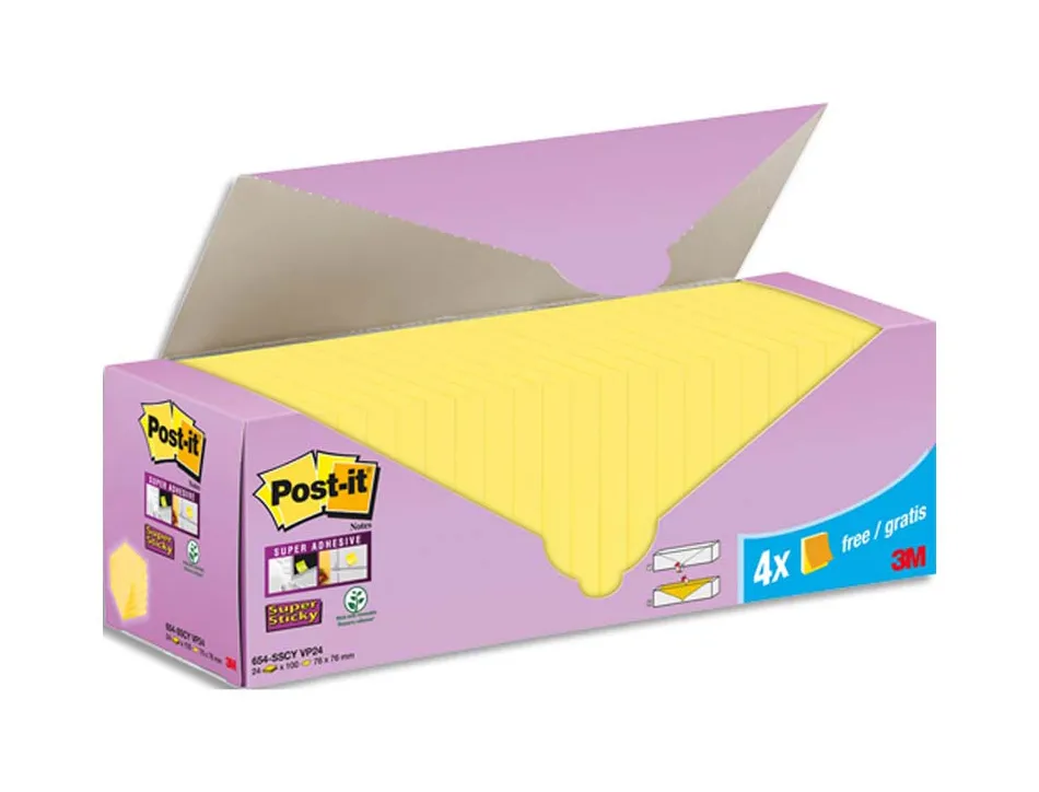 Notes adhesives super sticky post-it 76 x 76 mm jaune pack de 24 blocs dont 4 offerts
