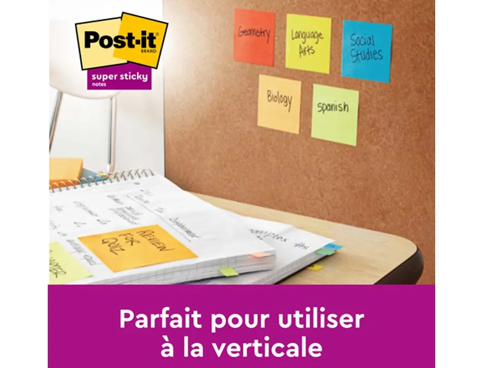 Notes post-it super sticky format 76 x 76 mm couleurs assorties lot 12 blocs