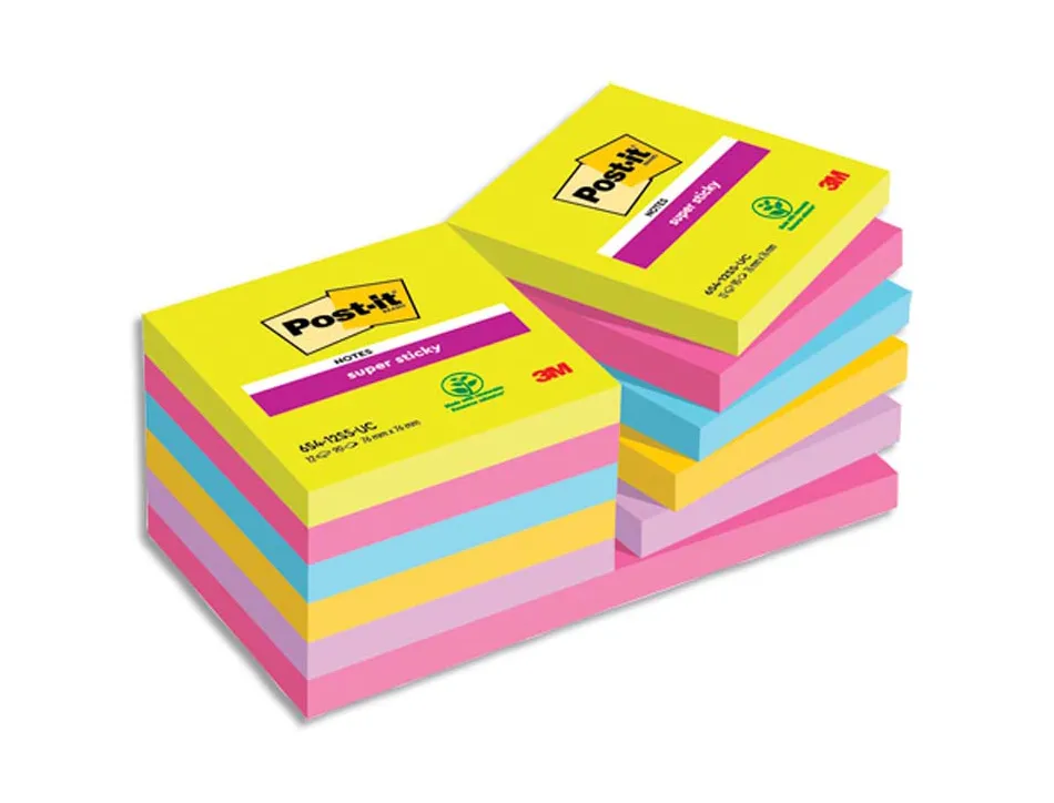 Notes post-it super sticky format 76 x 76 mm couleurs assorties lot 12 blocs