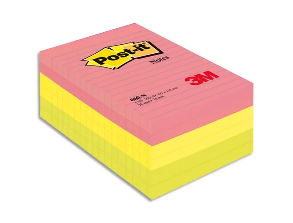 Notes repositionnables post-it 102 x 152 mm neon assortis lot de 6 blocs de 100 feuilles