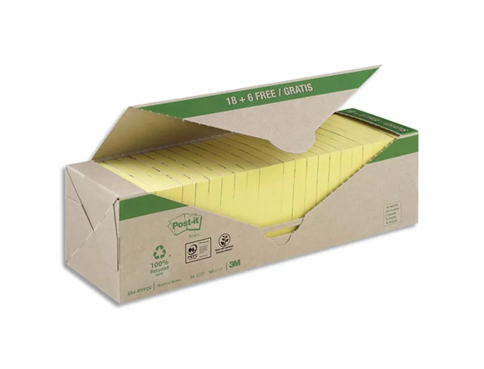 Notes repositionnables post-it recyclées jaunes format 76 x 76 mm 100 feuilles pack 24 blocs