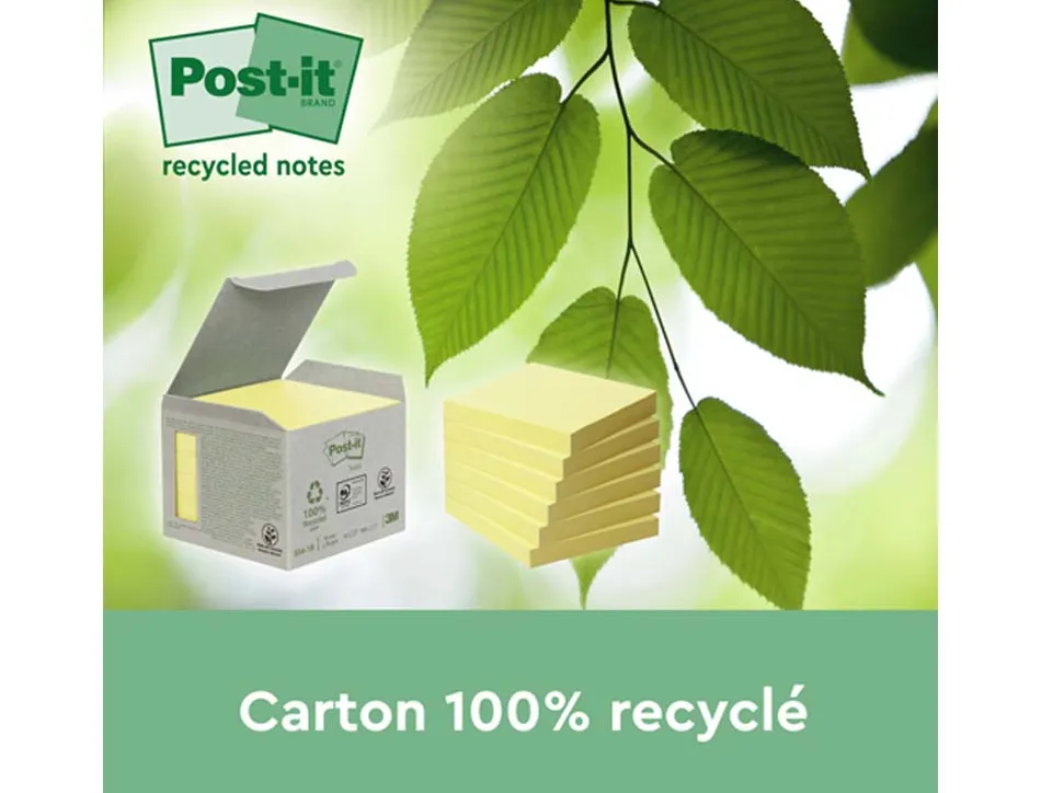 Notes repositionnables post-it recyclées jaunes format 76 x 76 mm 100 feuilles pack 24 blocs